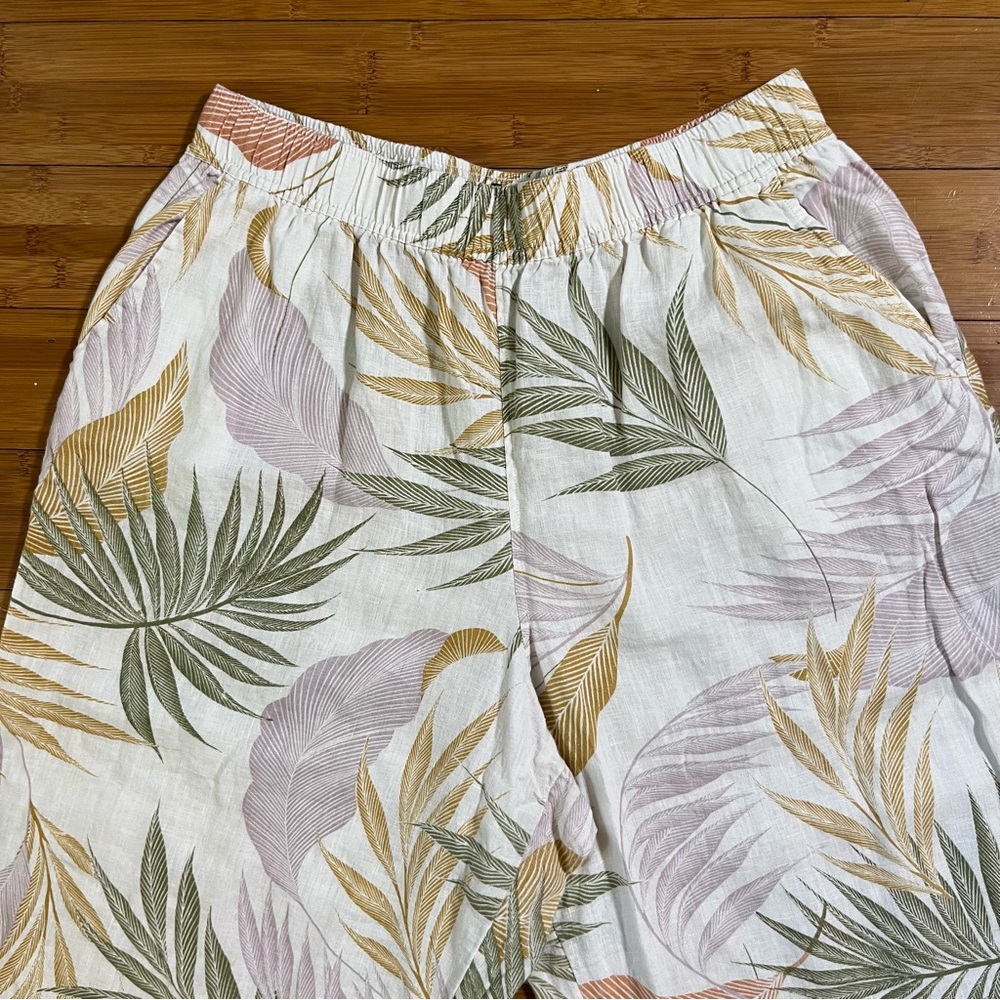 Tahari 100% Linen Tropical Leaf Print Pastel Wide Leg Crop Casual Pants - Picture 5 of 10